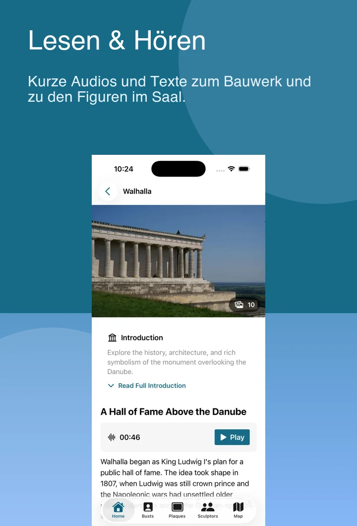 Lesen & Hören. Kurze Audios und Texte zum Bauwerk und zu den Figuren im Saal.