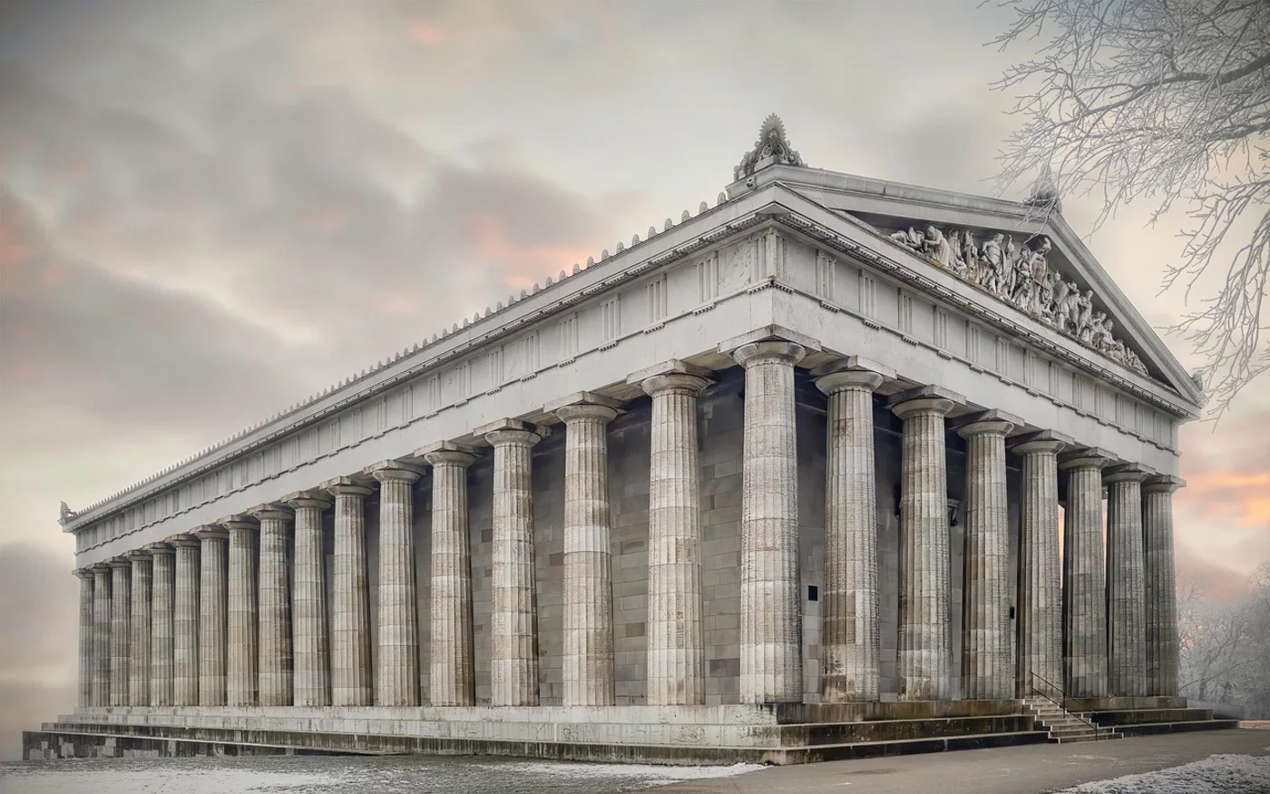Illustration der Walhalla über der Donau